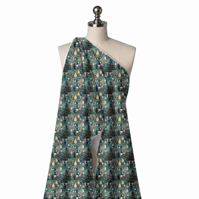 Draped on a mannequin: one-way festive print of black tiered fir trees with cream, design Design No_4929, Clothwala