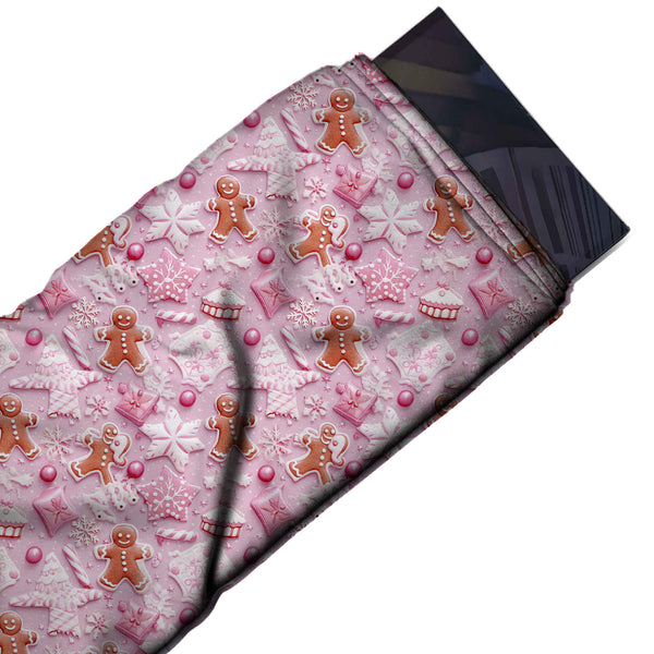 Soft Pink & Gingerbread Brown Men & Snowflakes Printed Viscose Muslin Fabric