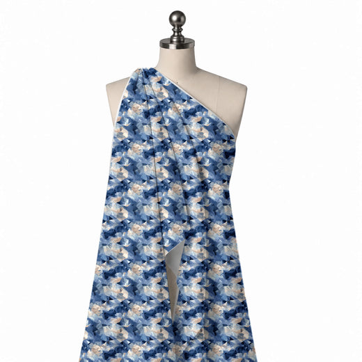 Steel Blue & Cream Crystal Low-Poly Printed Chiffon Fabric