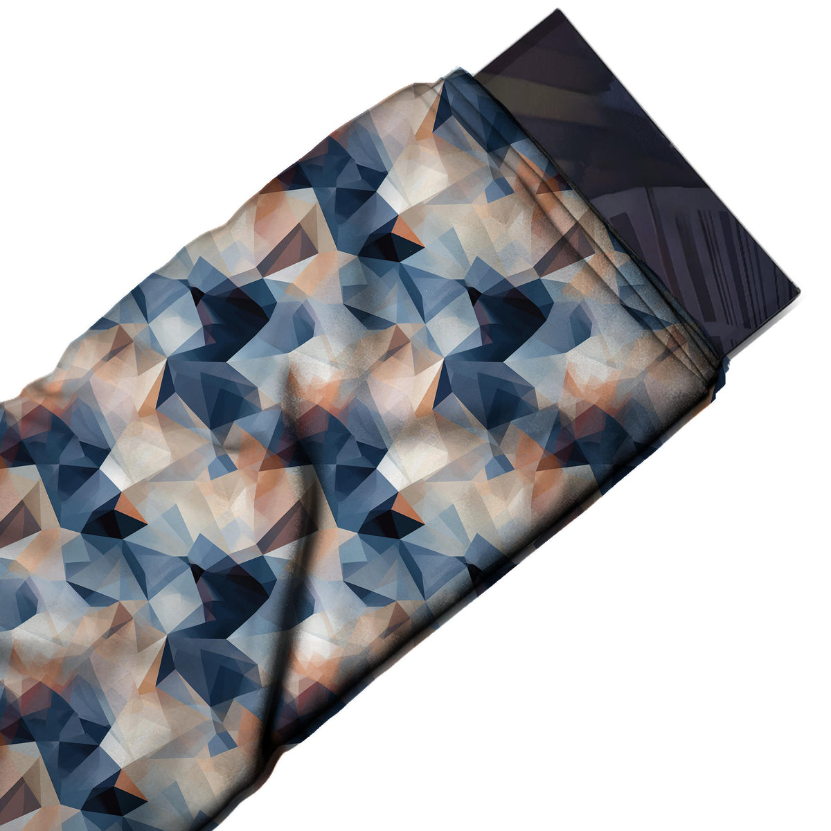 Steel Blue & Navy Blurred Polygon Facets Printed Moss Crepe Fabric - flat fabric swatch, design Design No_3812, Clothwala
