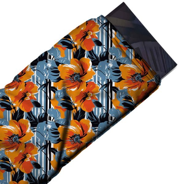 Steel Blue & Orange Poppy & Stripe Printed Pure Natural Crepe Fabric