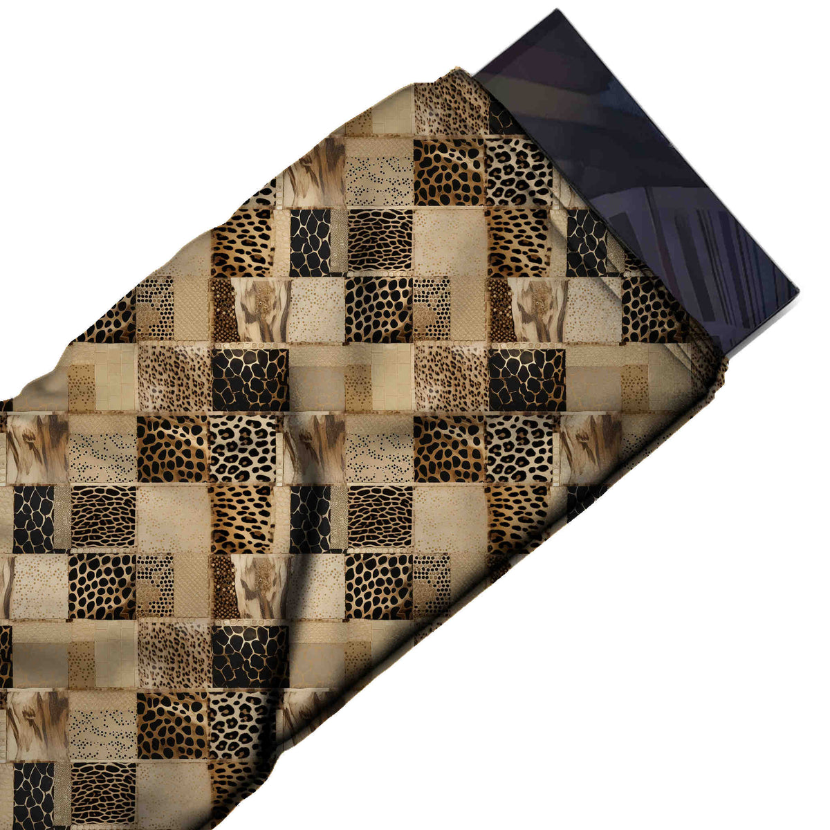 Tan Beige & Dark Brown Animal Skin Tile Grid Printed Moss Crepe Fabric - flat fabric swatch, design Design No_3744, Clothwala