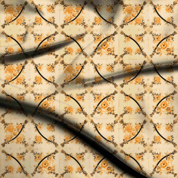 Tan Beige & Orange Floral Arc Lattice Printed French Crepe Fabric