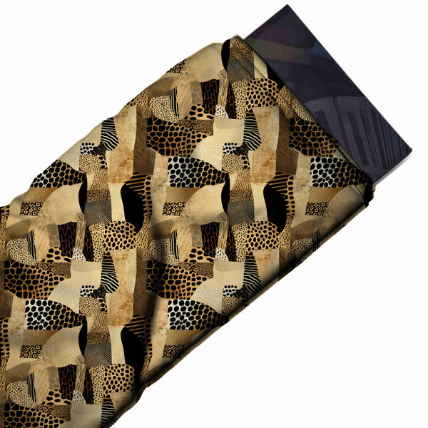 Tan & Black Animal Skin Collage Printed Moss Crepe Fabric