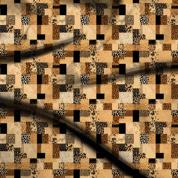 Tan & Black Leopard Spot Patchwork Printed Moss Crepe Fabric
