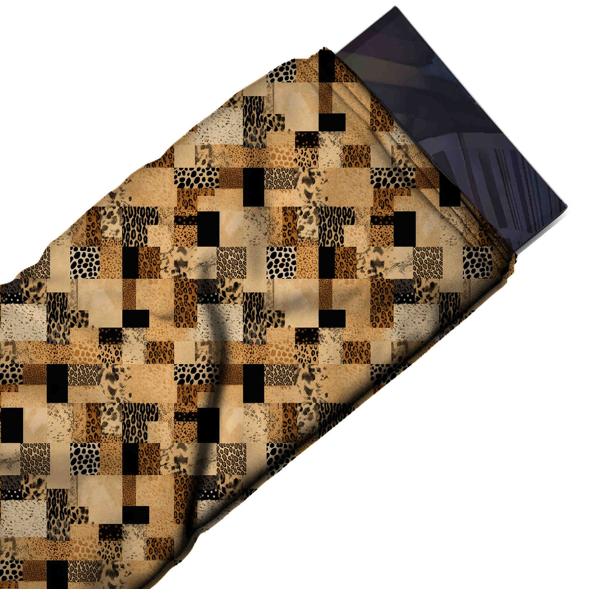 Tan & Black Leopard Spot Patchwork Printed Moss Crepe Fabric - flat fabric swatch, design Design No_3726, Clothwala