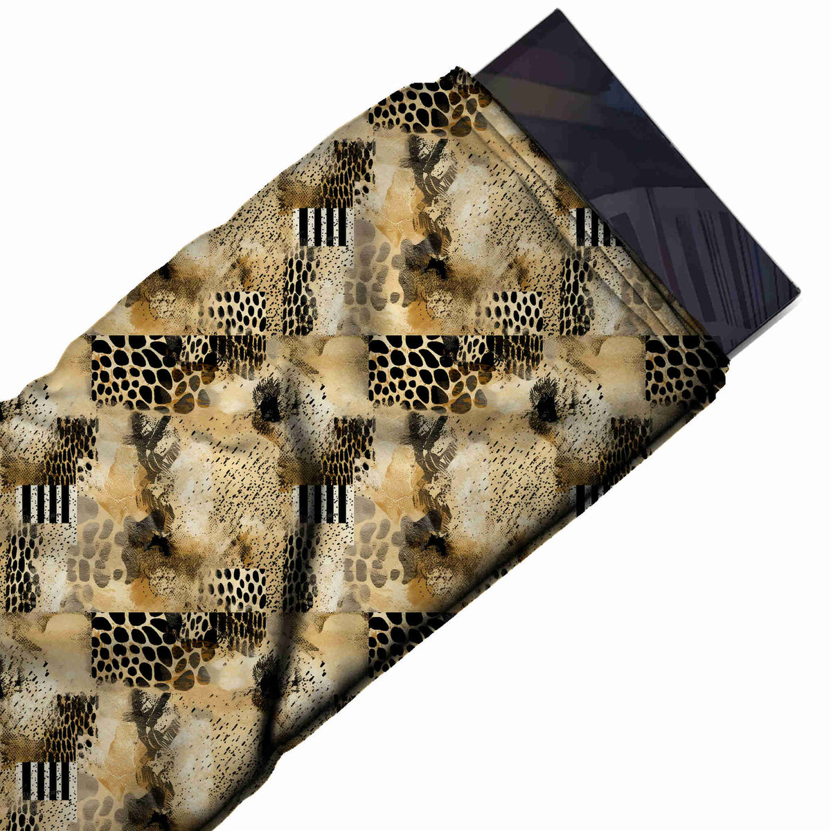 Tan & Dark Brown Reticulated Spot Collage Printed Moss Crepe Fabric - flat fabric swatch, design Design No_3733, Clothwala