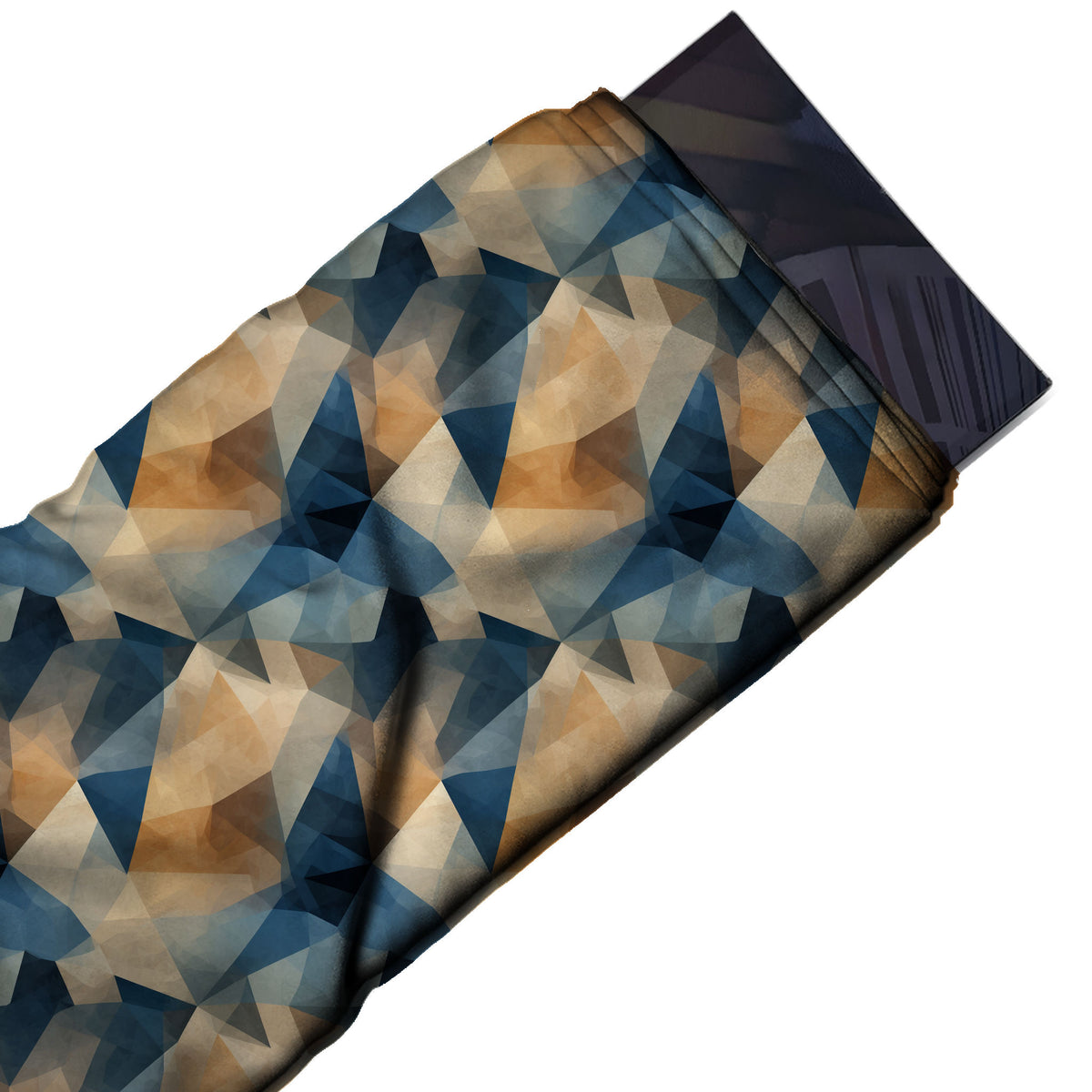 Tan & Navy Blue Translucent Layered Triangles Printed Moss Crepe Fabric - flat fabric swatch, design Design No_3794, Clothwala