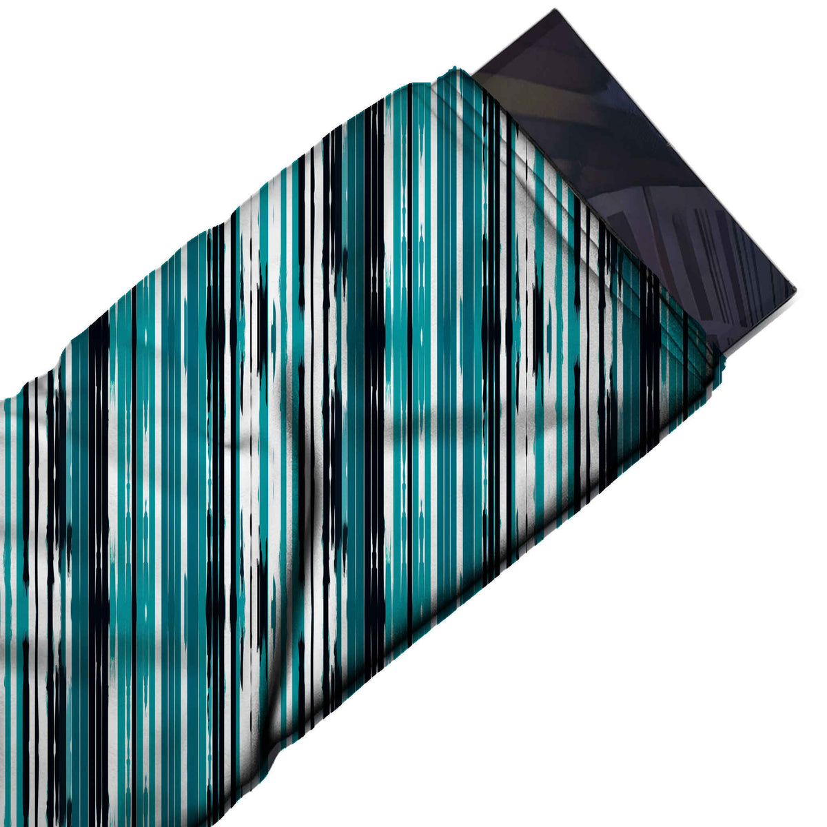 Flat fabric swatch: vertical stripe layout of narrow stripes of varying width in teal, design Design No_3966, Clothwala