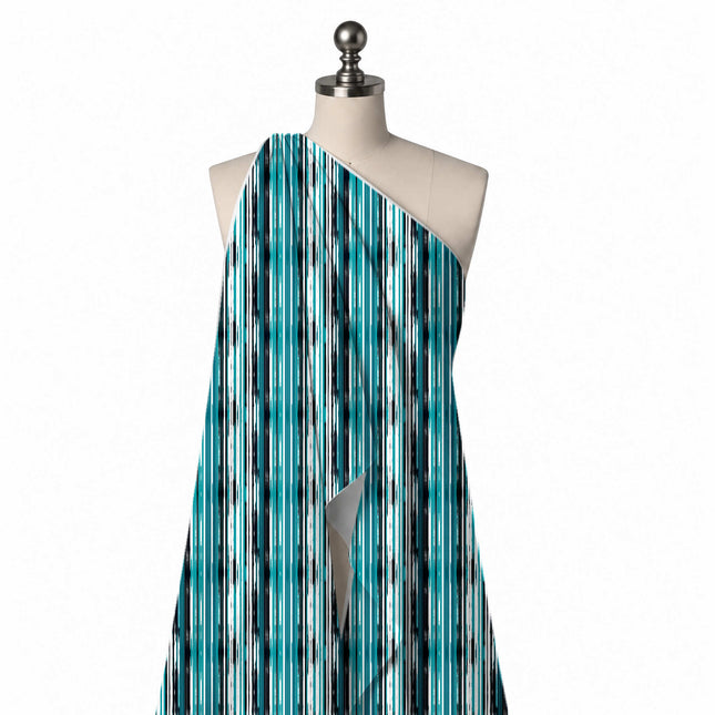 Draped on a mannequin: vertical stripe layout of narrow stripes of varying width in teal, design Design No_3966, Clothwala