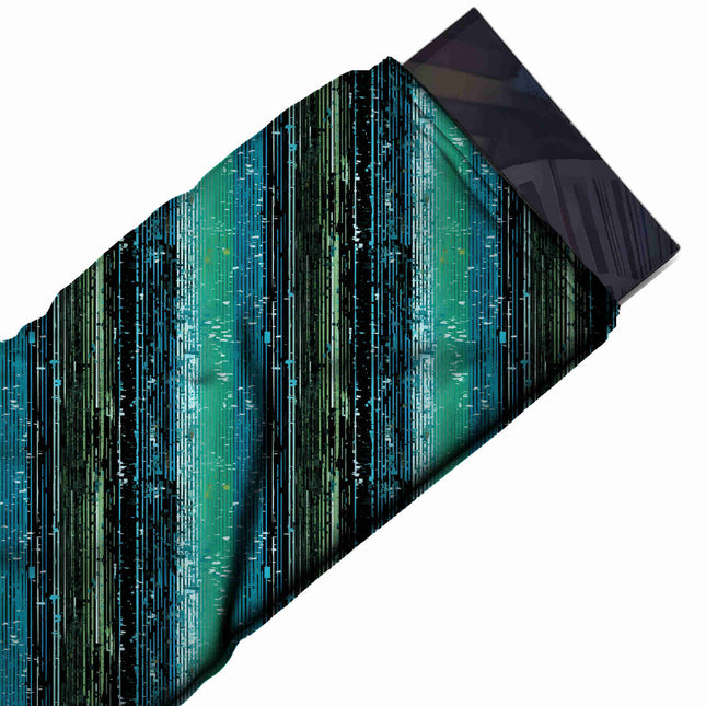 Flat fabric swatch: vertical stripe layout of wide bands in teal blue, black, design Design No_3964, Clothwala