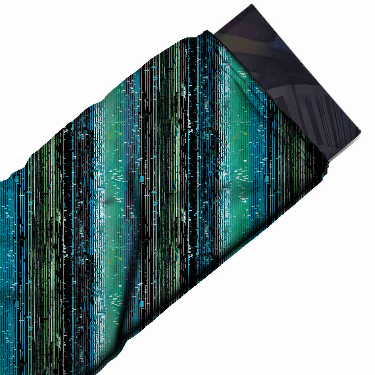 Flat fabric swatch: vertical stripe layout of wide bands in teal blue, black, design Design No_3964, Clothwala