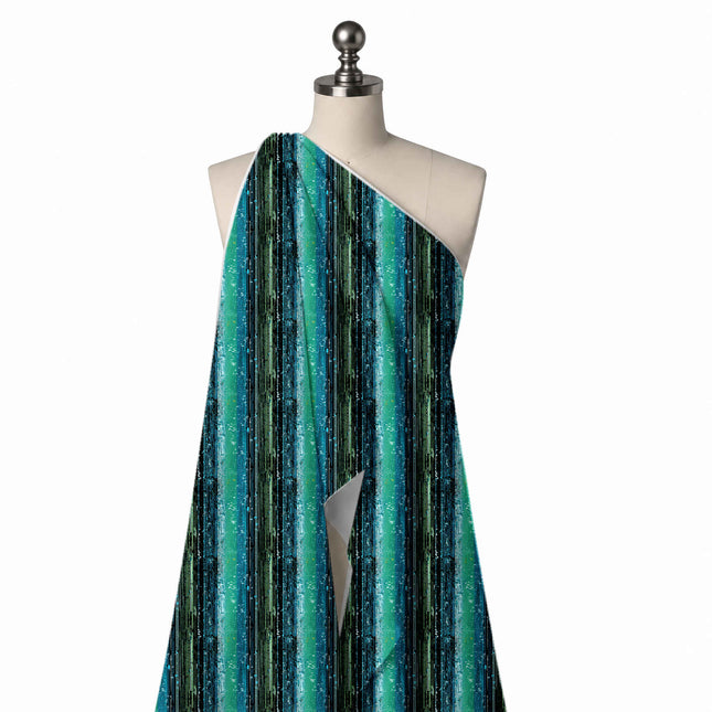 Draped on a mannequin: vertical stripe layout of wide bands in teal blue, black, design Design No_3964, Clothwala