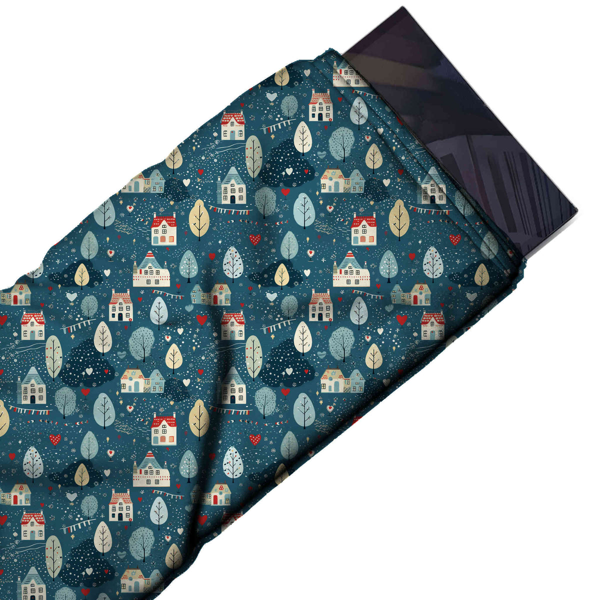 Flat fabric swatch: one-way all-over folk-style print of small white houses with red, design Design No_4671, Clothwala