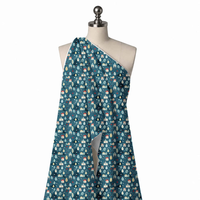 Draped on a mannequin: one-way all-over folk-style print of small white houses with red, design Design No_4671, Clothwala