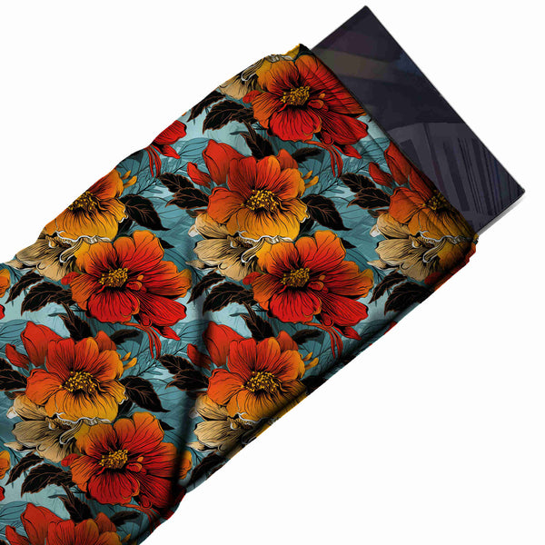 Teal Blue & Red Anemone Cluster Printed Pure Natural Crepe Fabric