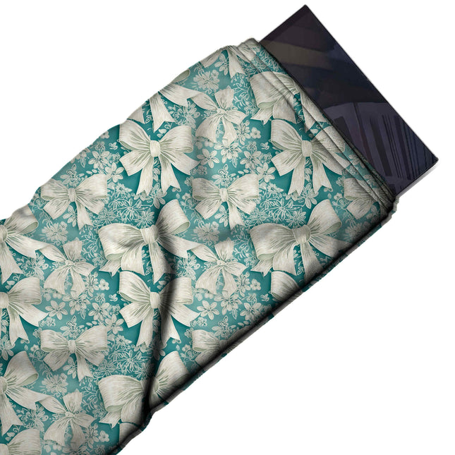 Flat fabric swatch: closely packed all-over layout of large cream bows with textured, design Design No_4446, Clothwala