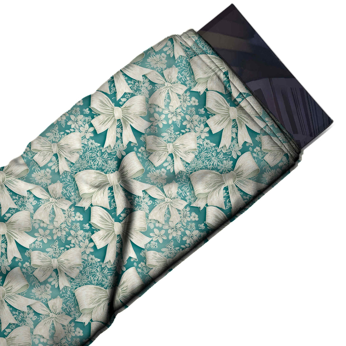 Flat fabric swatch: closely packed all-over layout of large cream bows with textured, design Design No_4446, Clothwala