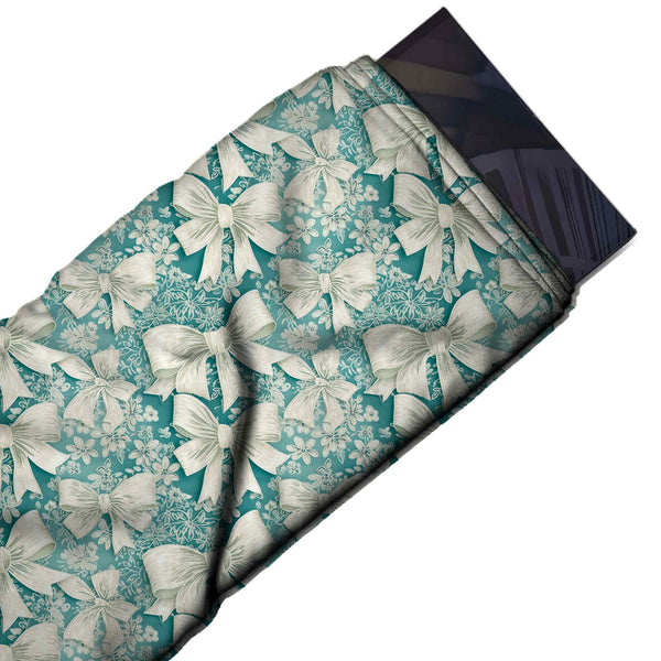 Teal & Cream Bows & Floral Linework Printed Pure Natural Crepe Fabric