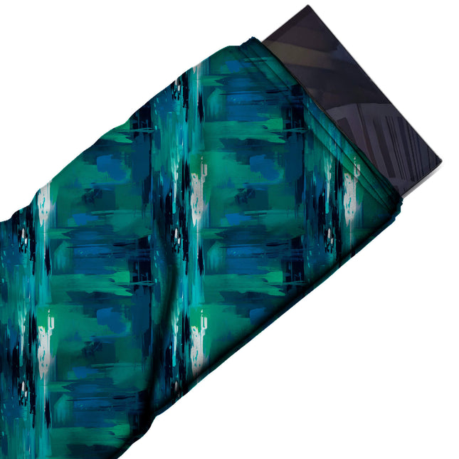 Flat fabric swatch: all-over painted layout of large horizontal block strokes in teal, design Design No_3951, Clothwala