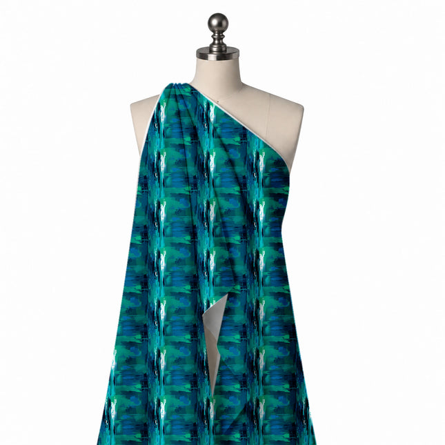 Draped on a mannequin: all-over painted layout of large horizontal block strokes in teal, design Design No_3951, Clothwala