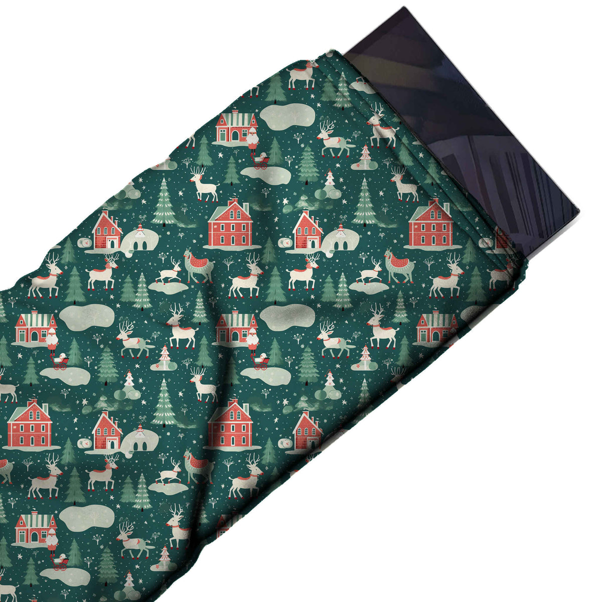 Flat fabric swatch: all-over one-way scenic print of coral red houses, design Design No_4733, Clothwala
