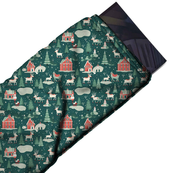 Teal Green & Coral Red Reindeer & Red Houses Printed Printed American Crepe Fabric Fabric