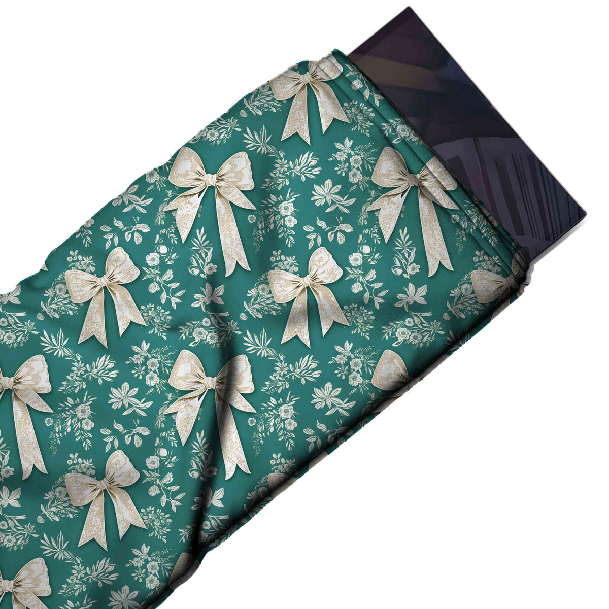 Flat fabric swatch: all-over half-drop layout of medium-scale cream ribbon bows with, design Design No_4440, Clothwala