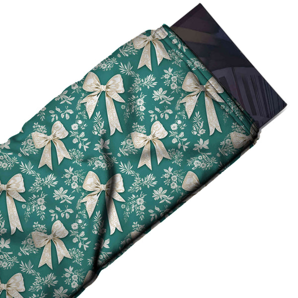 Teal Green & Cream Bows & Sprigs Printed Pure Natural Crepe Fabric