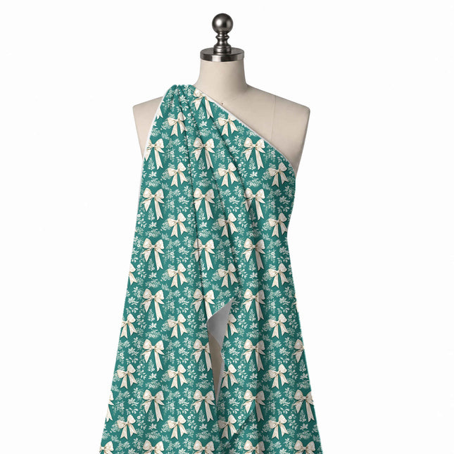 Draped on a mannequin: all-over half-drop layout of medium-scale cream ribbon bows with, design Design No_4440, Clothwala