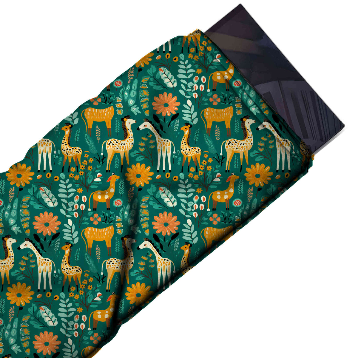 Teal Green & Golden Orange Giraffe & Orange Daisies Printed Moss Crepe Fabric - flat fabric swatch, design Design No_3889, Clothwala