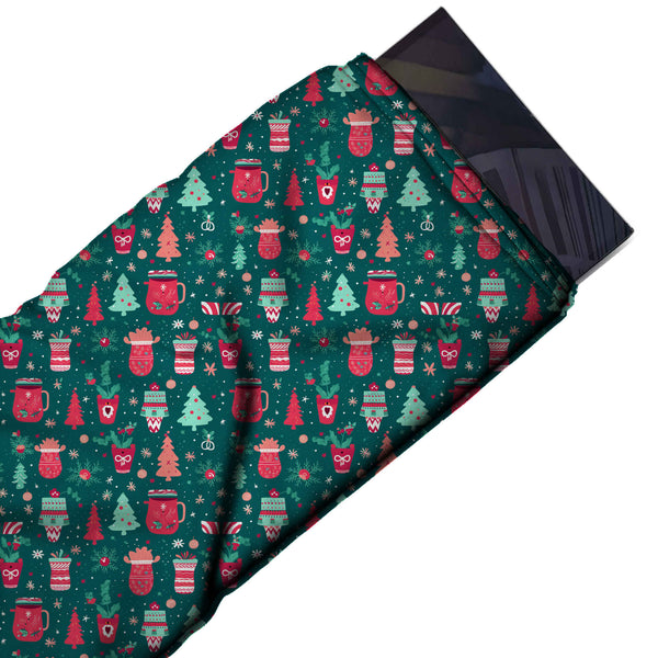 Teal Green & Pink Red Mugs & Mint Trees Printed American Crepe Fabric