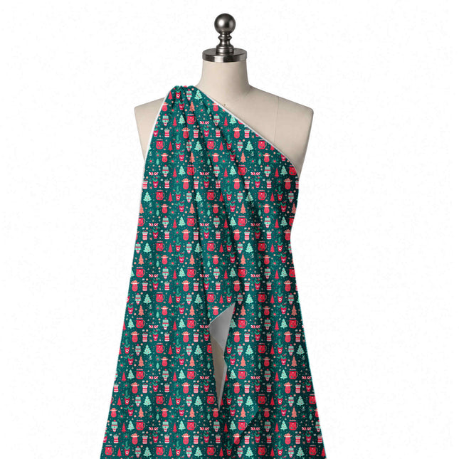 Draped on a mannequin: all-over one-way festive print of pink-red mugs and patterned pots, design Design No_4700, Clothwala