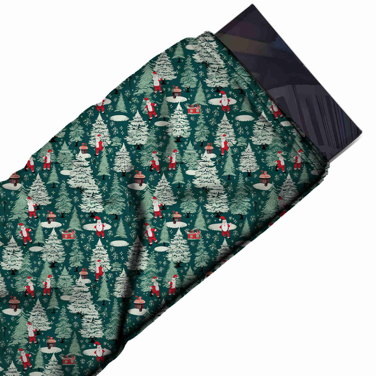 Flat fabric swatch: all-over one-way print of white snow-laden and pale green pine trees, design Design No_4795, Clothwala