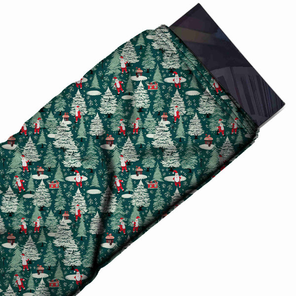 Teal Green & White Snowy Pines & Santa Printed Printed American Crepe Fabric Fabric