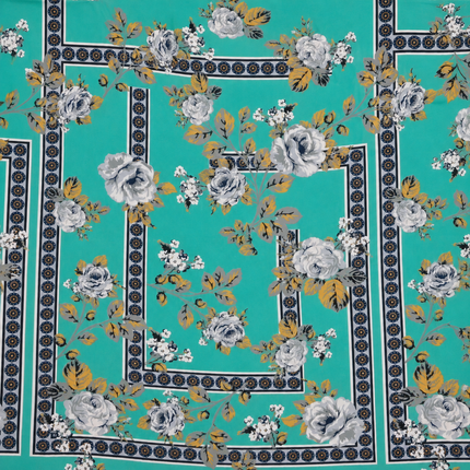 Teal & Grey & Mustard Yellow Rose Geometric Frame Print Fabric — design 1481MGP2-ABMP/DS-270, Clothwala