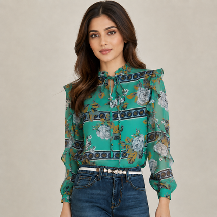 Teal & Grey & Mustard Yellow Rose Geometric Frame Print Fabric — design 1481MGP2-ABMP/DS-270, Clothwala