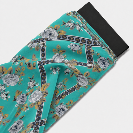 Teal & Grey & Mustard Yellow Rose Geometric Frame Print Fabric — design 1481MGP2-ABMP/DS-270, Clothwala