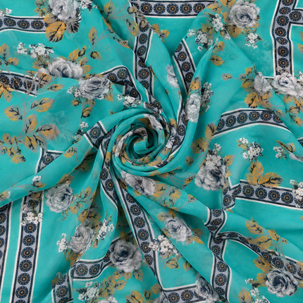Teal & Grey & Mustard Yellow Rose Geometric Frame Print Fabric — design 1481MGP2-ABMP/DS-270, Clothwala