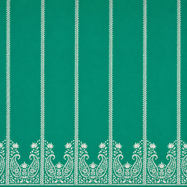 Teal & Off-White Paisley Border & Vertical Stripes Print Fabric