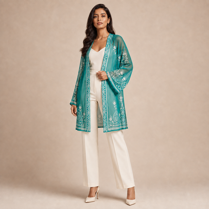 Teal & Off-White Paisley Border & Vertical Stripes Print Fabric — design 1248A9G6-SBGP/DS-38, Clothwala