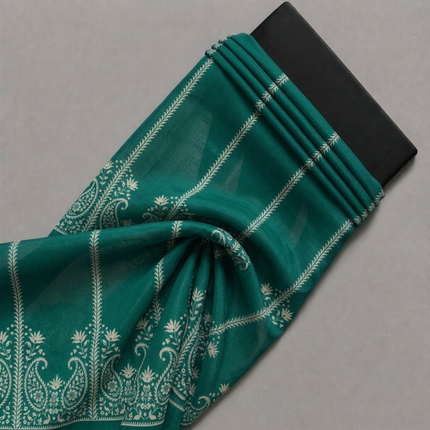 Teal & Off-White Paisley Border & Vertical Stripes Print Fabric — design 1248A9G6-SBGP/DS-38, Clothwala