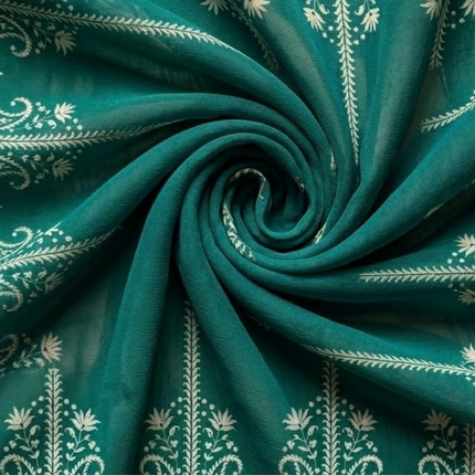 Teal & Off-White Paisley Border & Vertical Stripes Print Fabric — design 1248A9G6-SBGP/DS-38, Clothwala