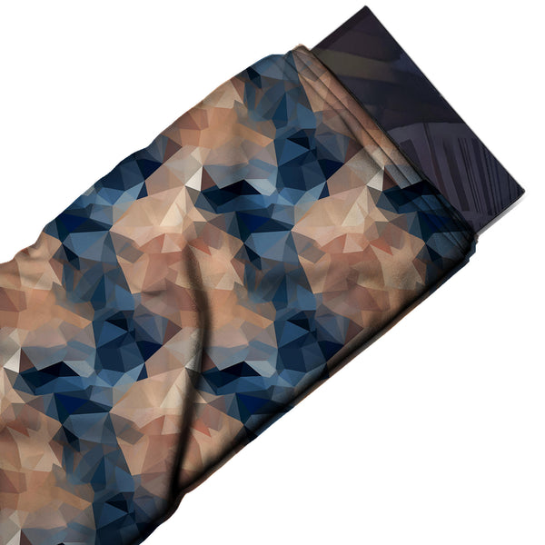 Terracotta Tan & Navy Facets Printed Moss Crepe Fabric