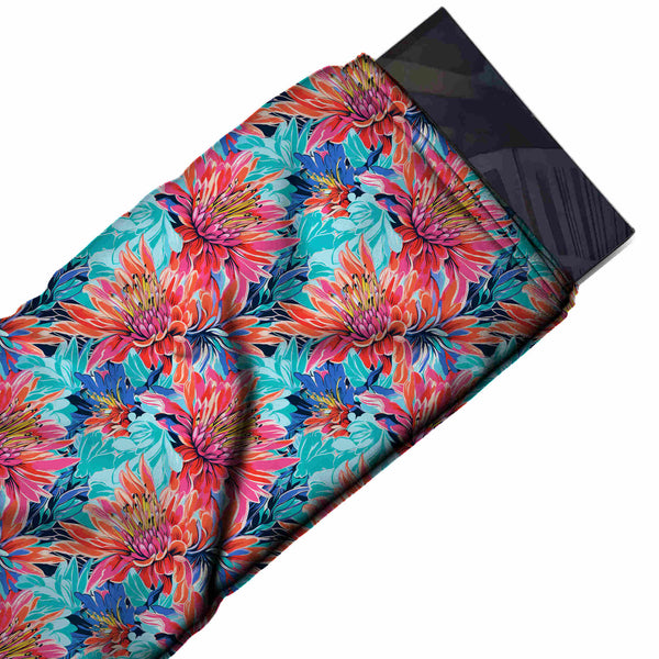 Turquoise & Coral Red Chrysanthemum & Aqua Leaves Printed Pure Natural Crepe Fabric