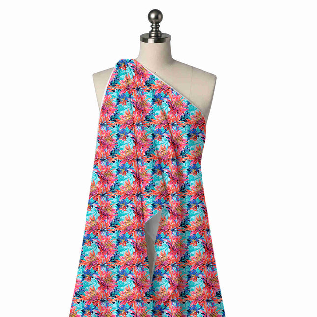 Draped on a mannequin: dense large-scale floral of coral red and pink chrysanthemum-type, design Design No_4477, Clothwala