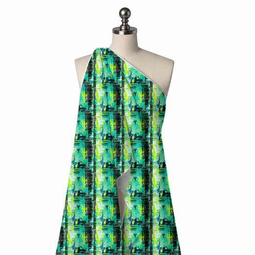Turquoise Green & Lime Green Grunge Glitch Grid Printed Spandex Fabric