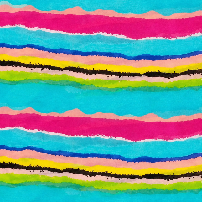 Turquoise & Hot Pink Wavy Brushstroke Stripes Print Fabric — design 1292GJ-RBPF/DS-86, Clothwala
