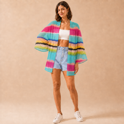 Turquoise & Hot Pink Wavy Brushstroke Stripes Print Fabric — design 1292GJ-RBPF/DS-86, Clothwala