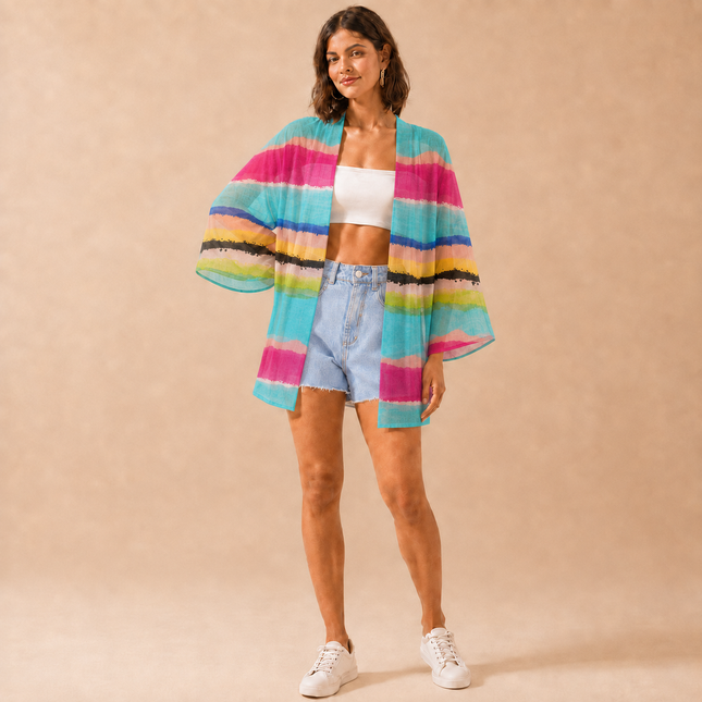 Turquoise & Hot Pink Wavy Brushstroke Stripes Print Fabric — design 1292GJ-RBPF/DS-86, Clothwala